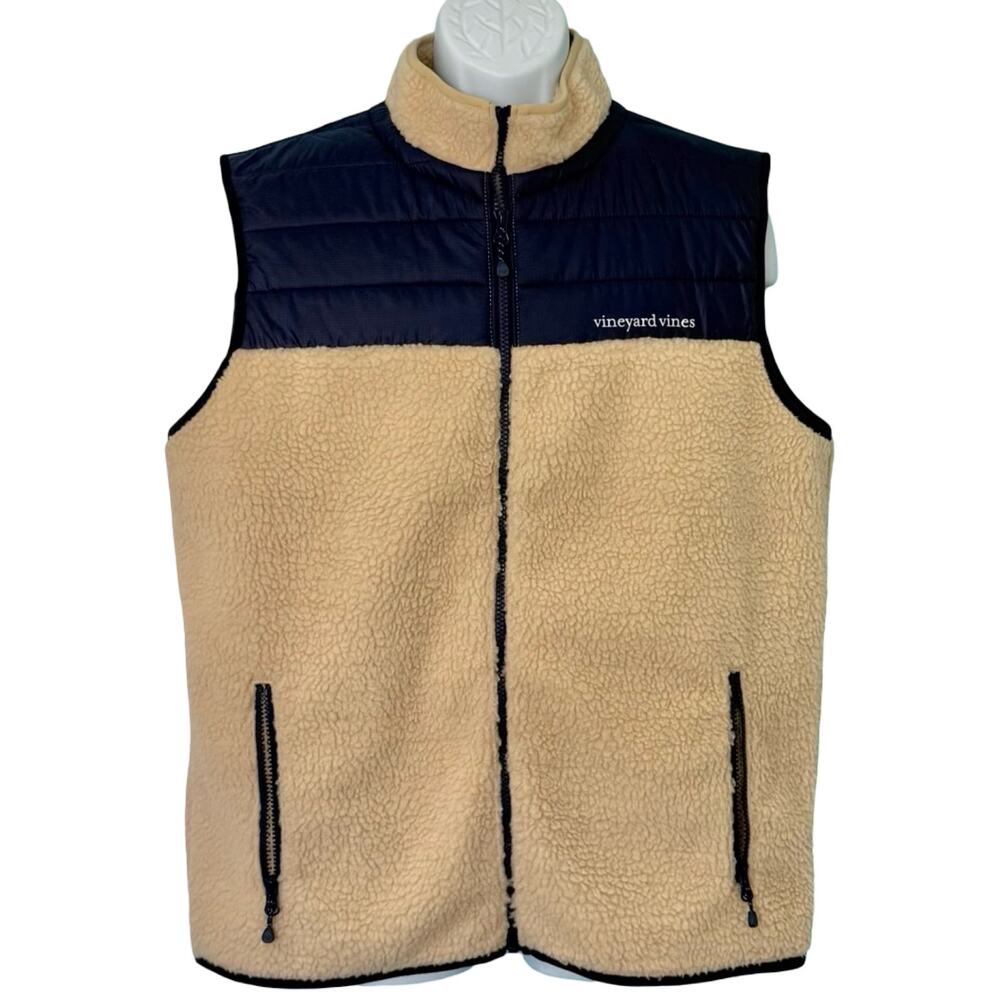 Vineyard Vines Beige Navy Blue Color Block Sherpa Quilted Full Zip Vest Men Sz L
